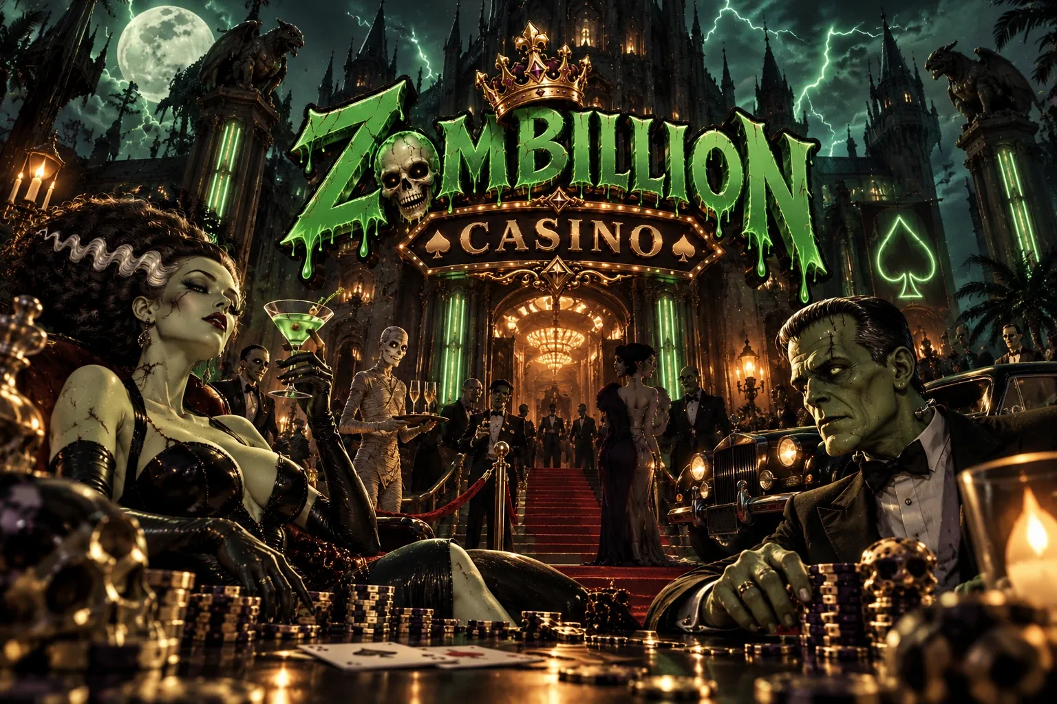 Zombillion Casino banner: gothic casino palace with red carpet